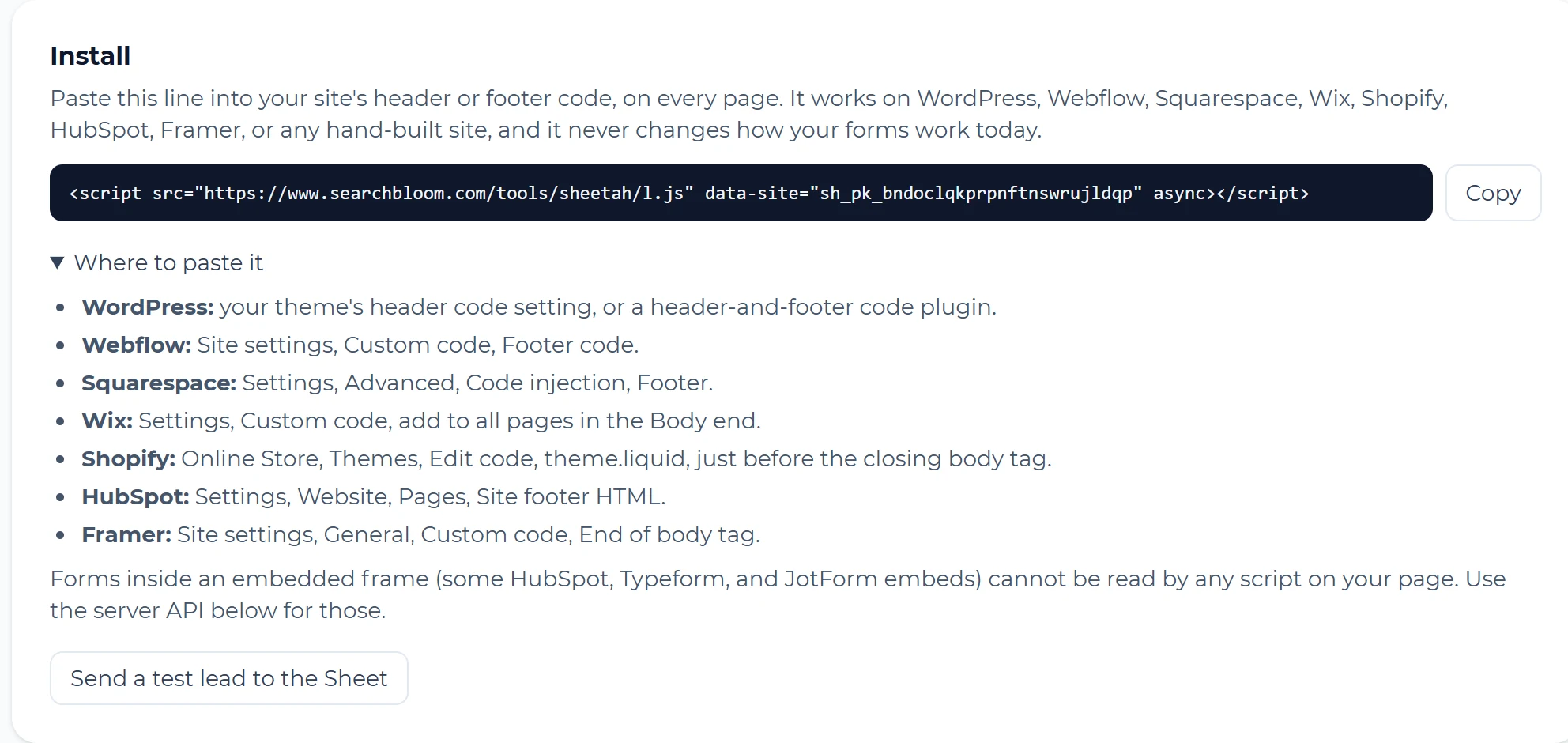 The Sheetah install card: the script tag with a Copy button and paste steps for WordPress, Webflow, Squarespace, Wix, Shopify, HubSpot, and Framer
