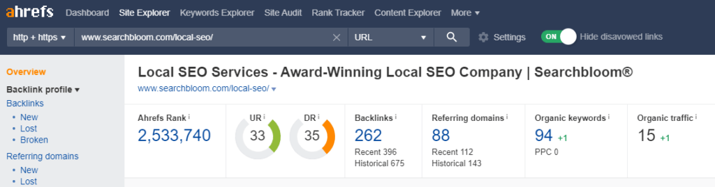 current ahrefs metrics local SEO services URL overview