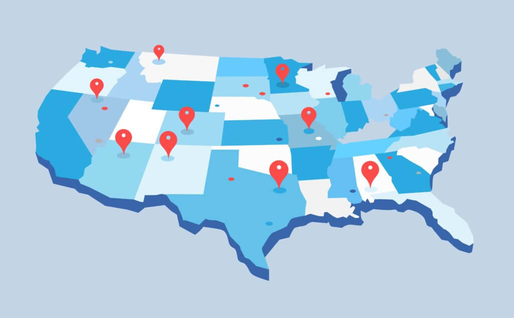 Pin map of the United state of America demonstrating national SEO
