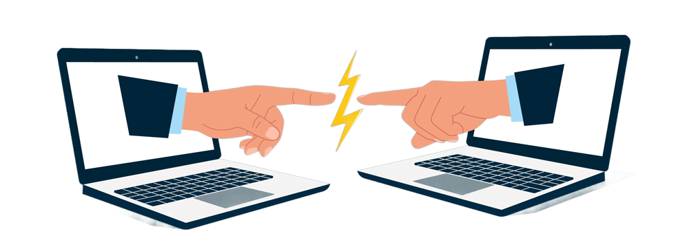 Graphic showing two hands through computer screens connecting by the finger, creating a lighting bolt in between.