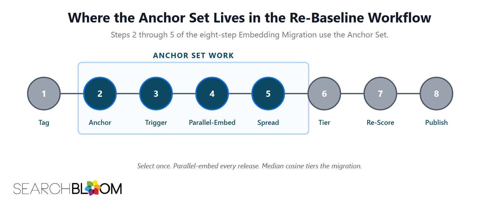 A horizontal flow diagram titled Where the Anchor Set Lives in the Re-Baseline Workflow showing the eight numbered steps of The Embedding Migration, with steps 2 through 5 (Anchor, Trigger, Parallel-Embed, Spread) highlighted in dark teal and connected by a labeled wrapping bracket reading ANCHOR SET WORK. Steps 1, 6, 7, and 8 are shown in lighter gray. Footnote: Select once. Parallel-embed every release. Median cosine tiers the migration.