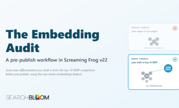 Featured image: 'The Embedding Audit u2014 A pre-publish workflow in Screaming Frog v22.' Two side-by-side panels contrast 'wrong corpus' (your pages vs your pages u2014 what most Screaming Frog tutorials do) with 'right corpus' (your draft vs top-10 SERP u2014 the Embedding Audit).