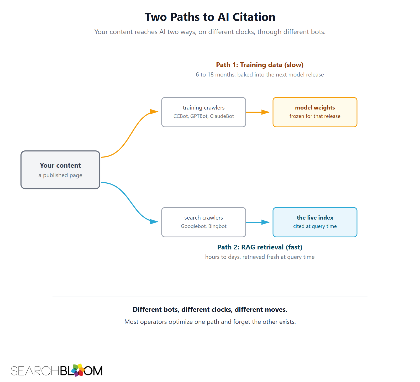 Flow diagram titled Two Paths to AI Citation. Your content branches two ways: Path 1, the training-data path (slow, 6 to 18 months), where training crawlers like CCBot, GPTBot and ClaudeBot bake it into the next model's weights; and Path 2, the RAG retrieval path (fast, hours to days), where search crawlers like Googlebot and Bingbot put it in the live index to be cited at query time.